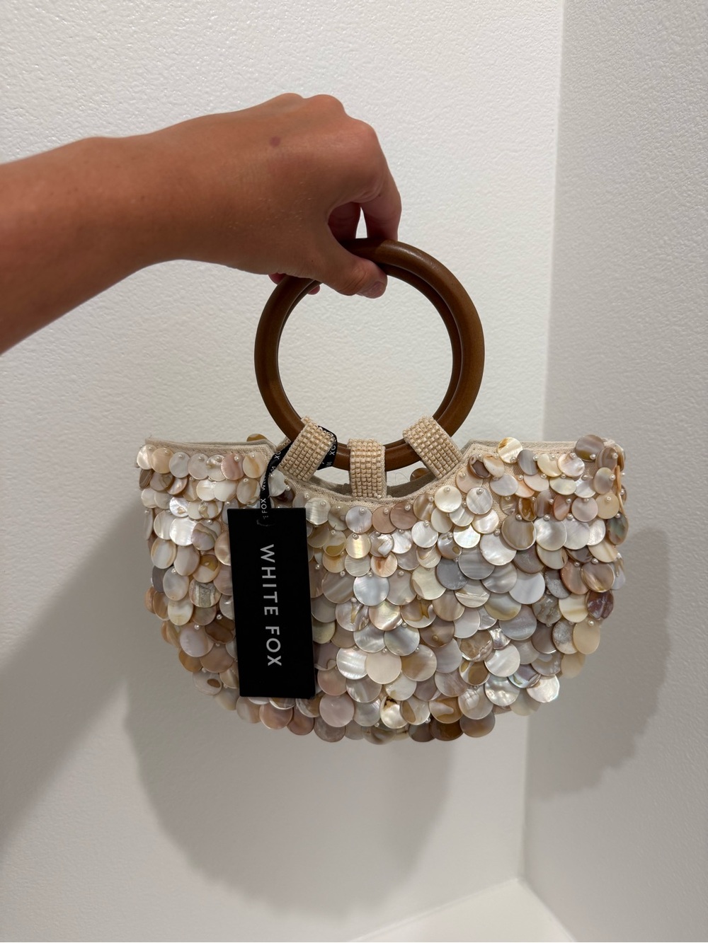 White Fox Boutique Shell Embellished Mini Bag with Wooden Rings